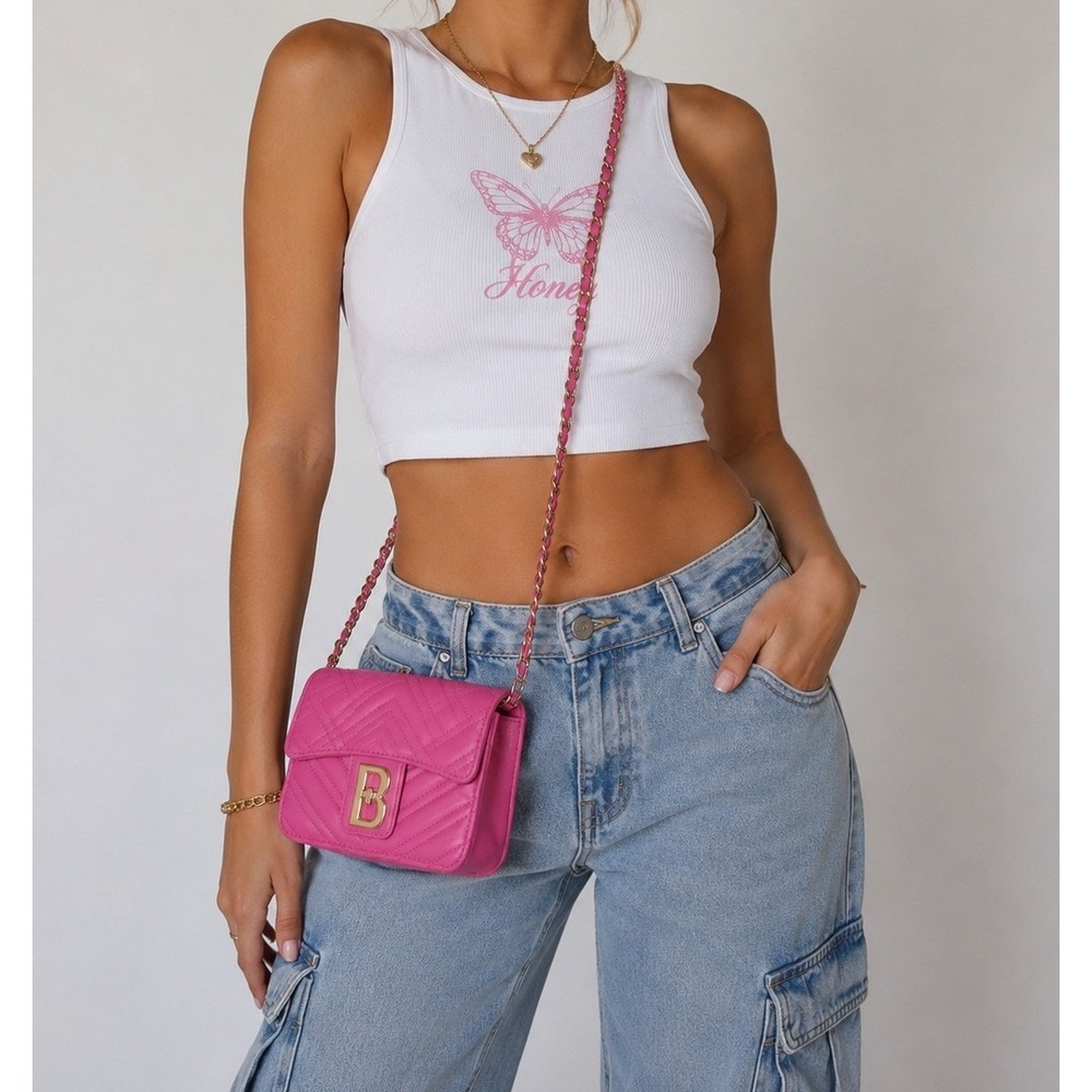 Y2K Bebe Womens Pink Quilted Crossbody Bag Gold Chain Logo Turn Lock Purse
